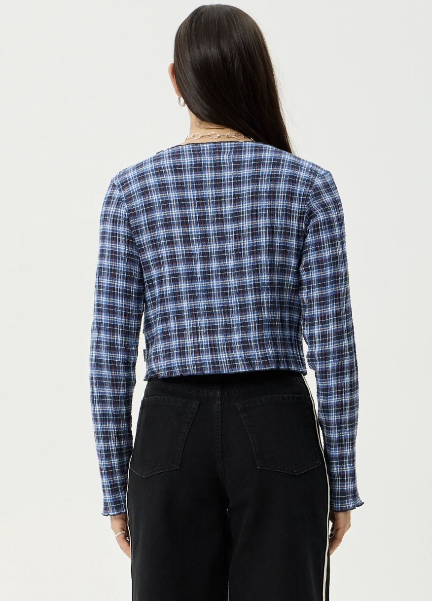 AFENDS WOMENS MOUNTAINS - HEMP SEERSUCKER LONG SLEEVE TOP - NAVY RED CHECK