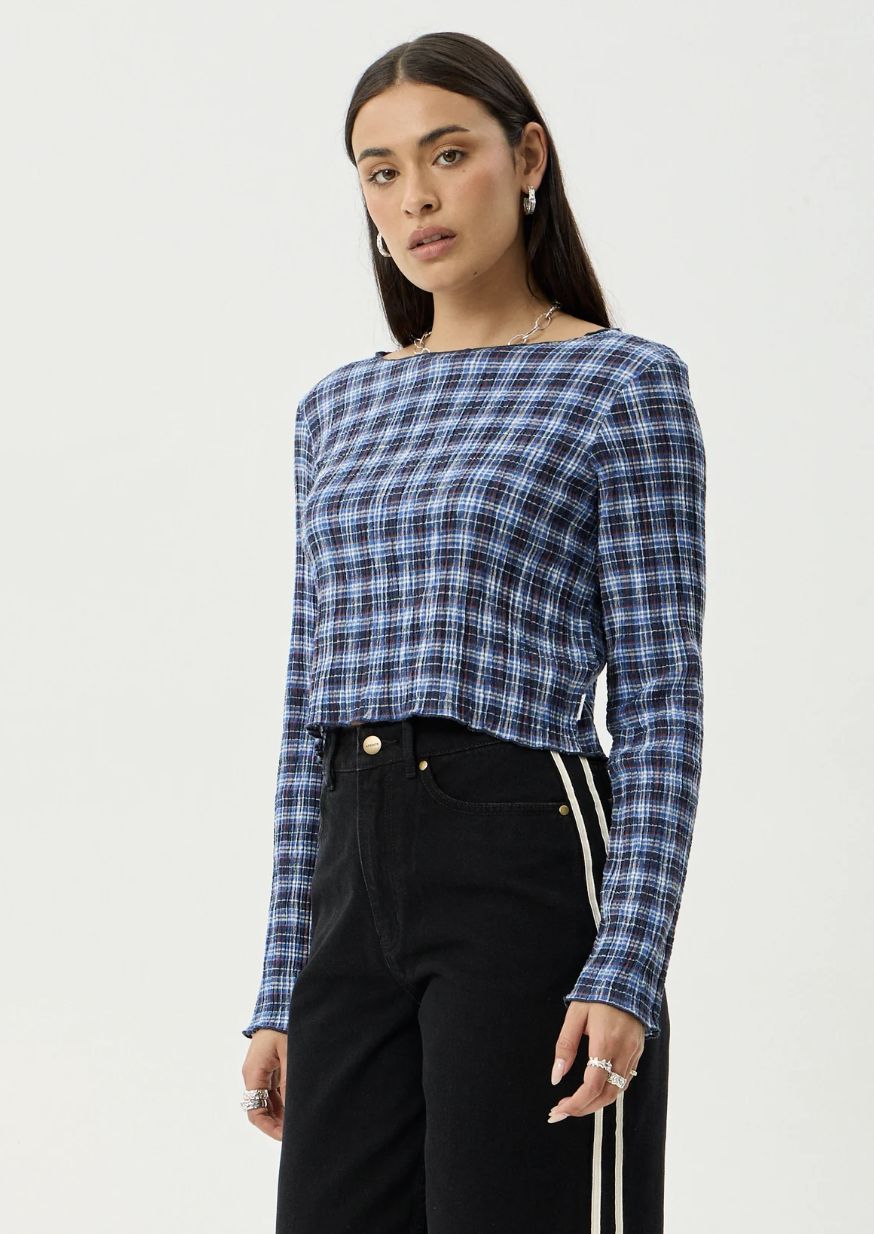 AFENDS WOMENS MOUNTAINS - HEMP SEERSUCKER LONG SLEEVE TOP - NAVY RED CHECK