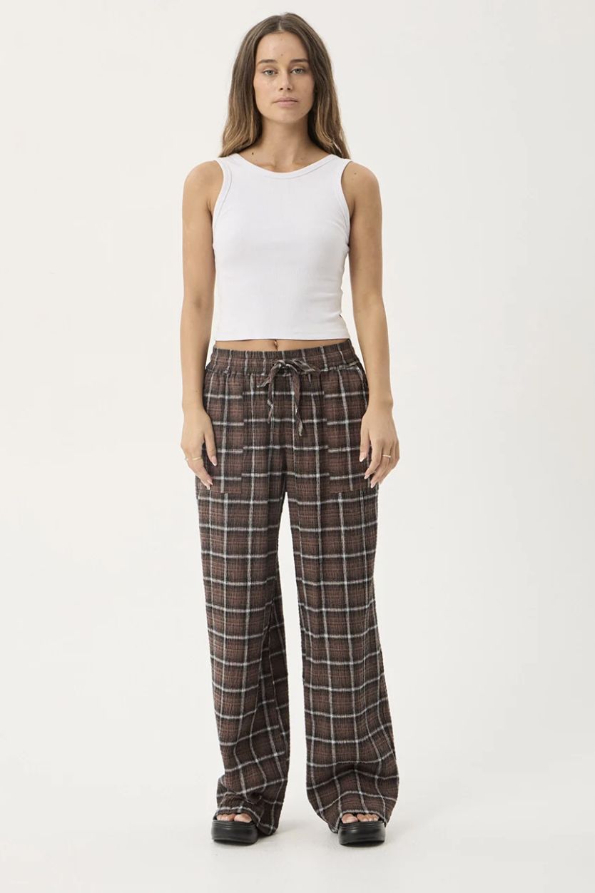 AFENDS WOMENS REVERIE - HEMP SEERSUCKER PANT - COFFEE CHECK