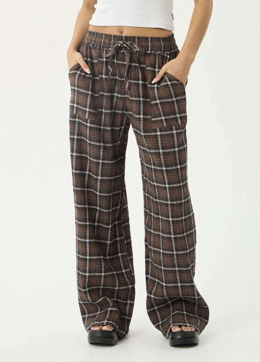 AFENDS WOMENS REVERIE - HEMP SEERSUCKER PANT - COFFEE CHECK