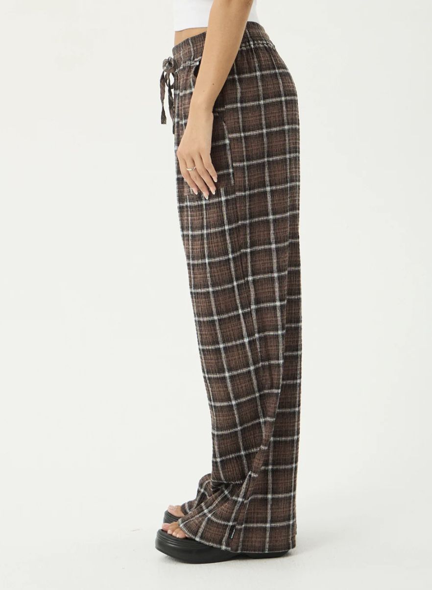 AFENDS WOMENS REVERIE - HEMP SEERSUCKER PANT - COFFEE CHECK