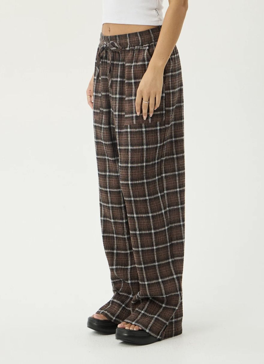 AFENDS WOMENS REVERIE - HEMP SEERSUCKER PANT - COFFEE CHECK