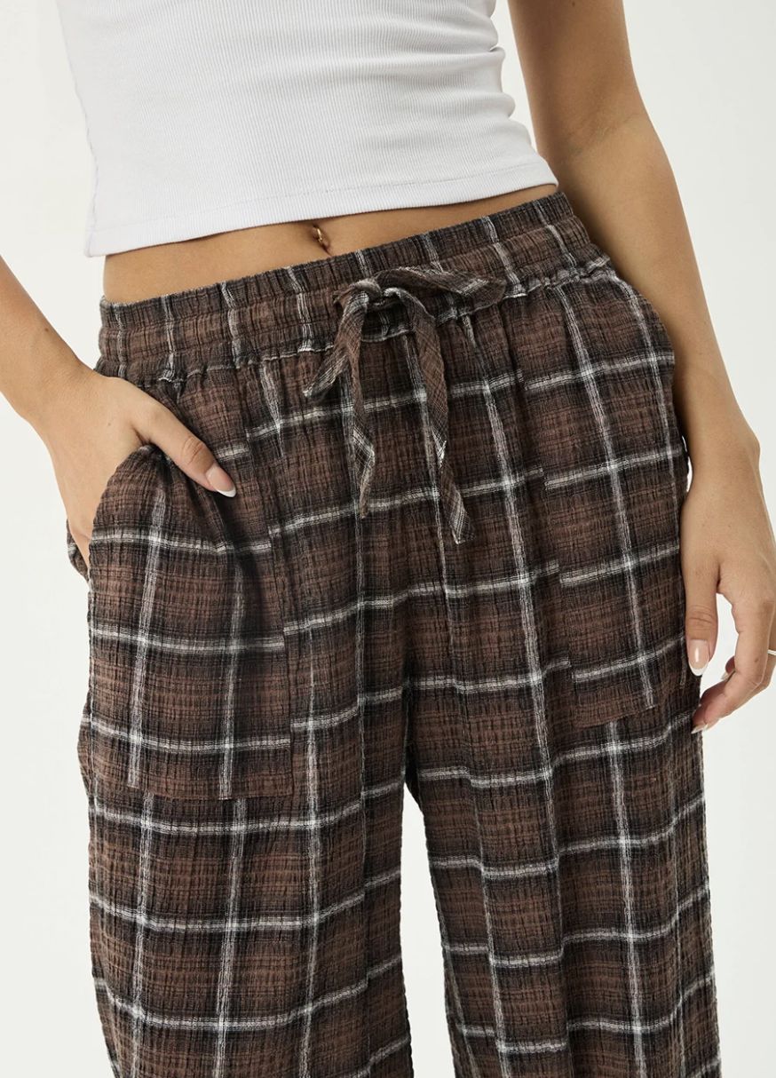 AFENDS WOMENS REVERIE - HEMP SEERSUCKER PANT - COFFEE CHECK