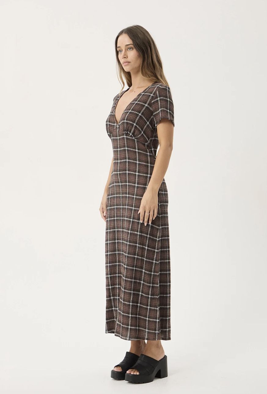 AFENDS WOMENS REVERIE - HEMP SEERSUCKER MAXI DRESS - COFFEE CHECK