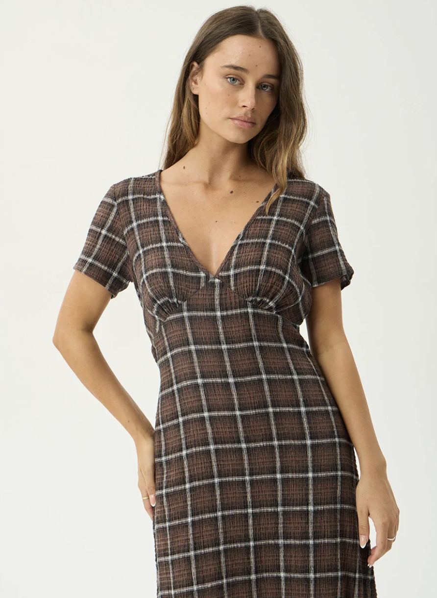 AFENDS WOMENS REVERIE - HEMP SEERSUCKER MAXI DRESS - COFFEE CHECK