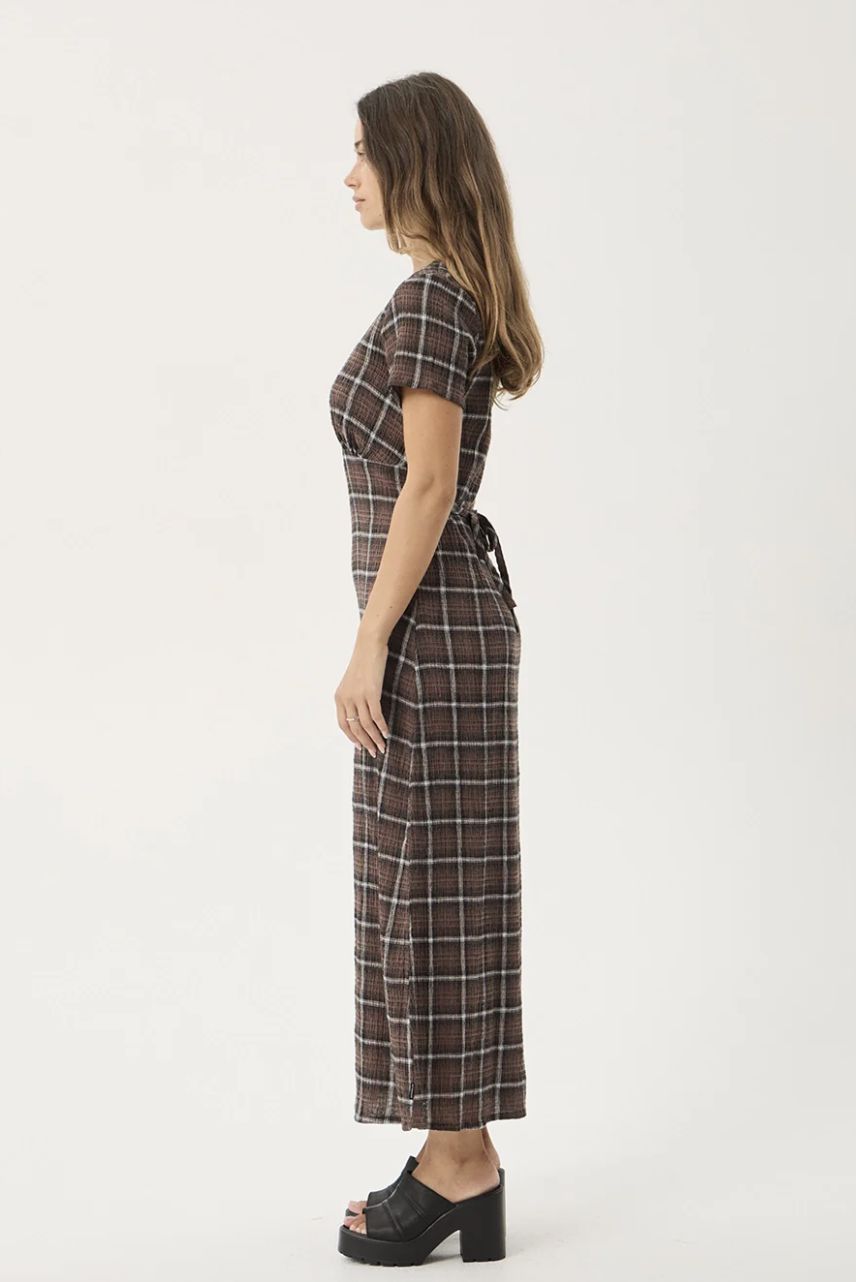 AFENDS WOMENS REVERIE - HEMP SEERSUCKER MAXI DRESS - COFFEE CHECK