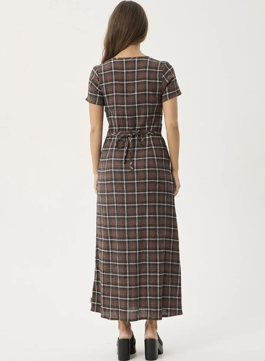 AFENDS WOMENS REVERIE - HEMP SEERSUCKER MAXI DRESS - COFFEE CHECK