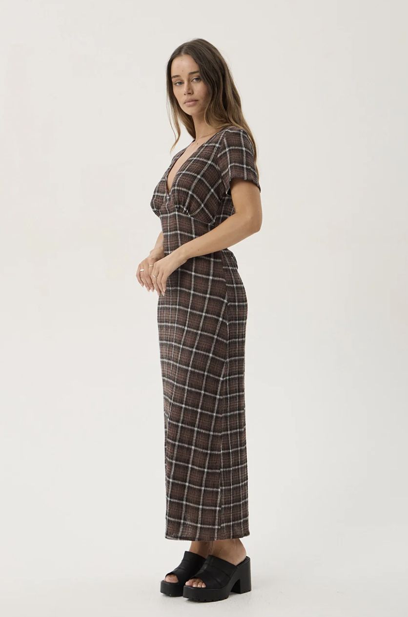 AFENDS WOMENS REVERIE - HEMP SEERSUCKER MAXI DRESS - COFFEE CHECK