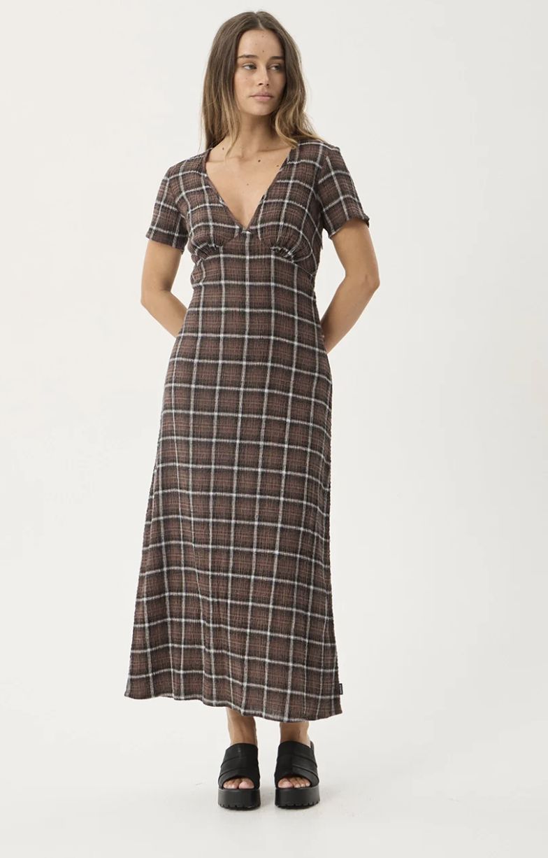 AFENDS WOMENS REVERIE - HEMP SEERSUCKER MAXI DRESS - COFFEE CHECK