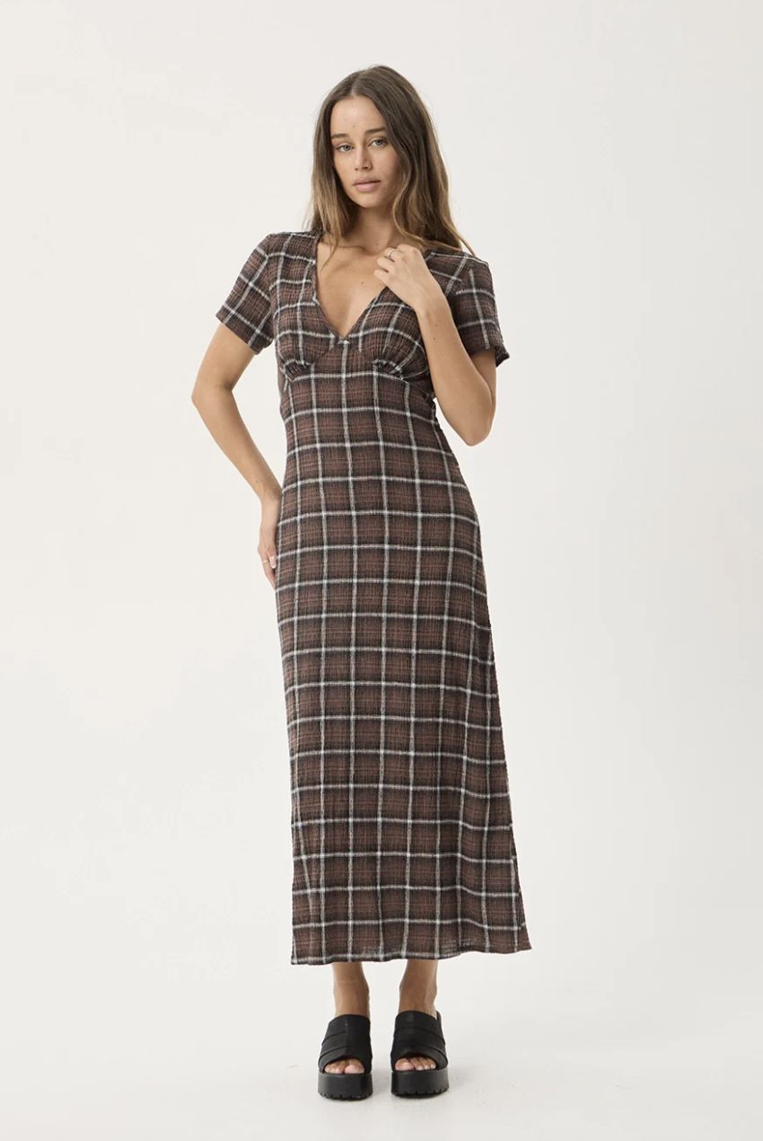 AFENDS WOMENS REVERIE - HEMP SEERSUCKER MAXI DRESS - COFFEE CHECK