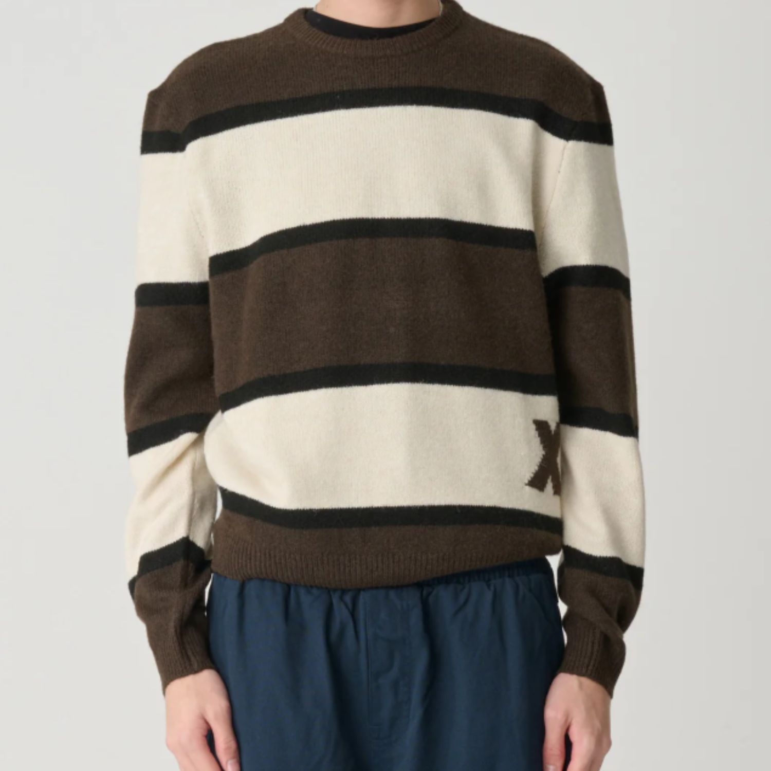 X LARGE MENS ITALIC STRIPE KNIT SWEATER - BROWN