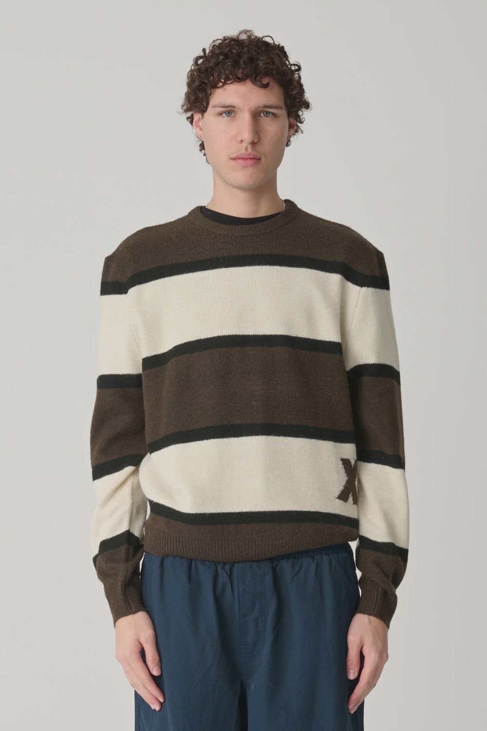 X LARGE MENS ITALIC STRIPE KNIT SWEATER - BROWN