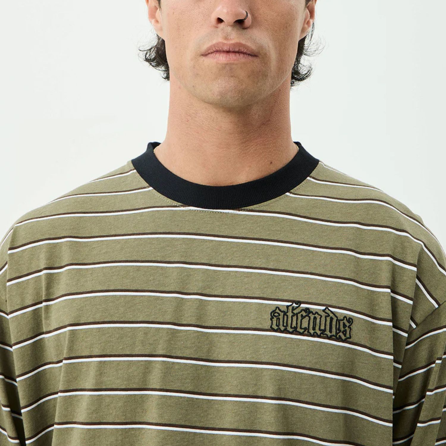 AFENDS MENS ALTITUDE - BOXY LONG SLEEVE TEE - STONE STRIPE