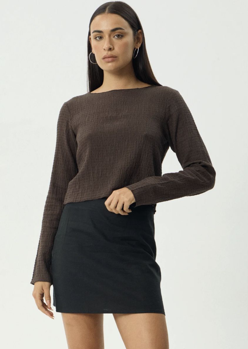 AFENDS WOMENS FOCUS - SEERSUCKER LONG SLEEVE TOP - COFFEE
