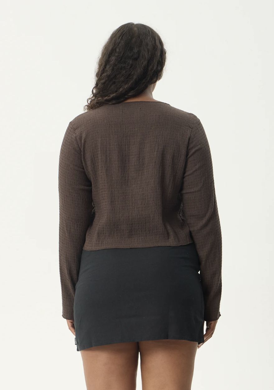AFENDS WOMENS FOCUS - SEERSUCKER LONG SLEEVE TOP - COFFEE