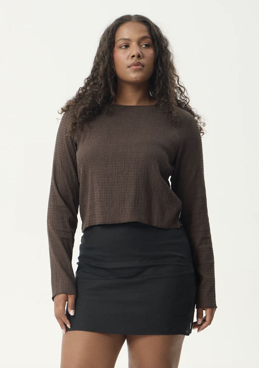 AFENDS WOMENS FOCUS - SEERSUCKER LONG SLEEVE TOP - COFFEE