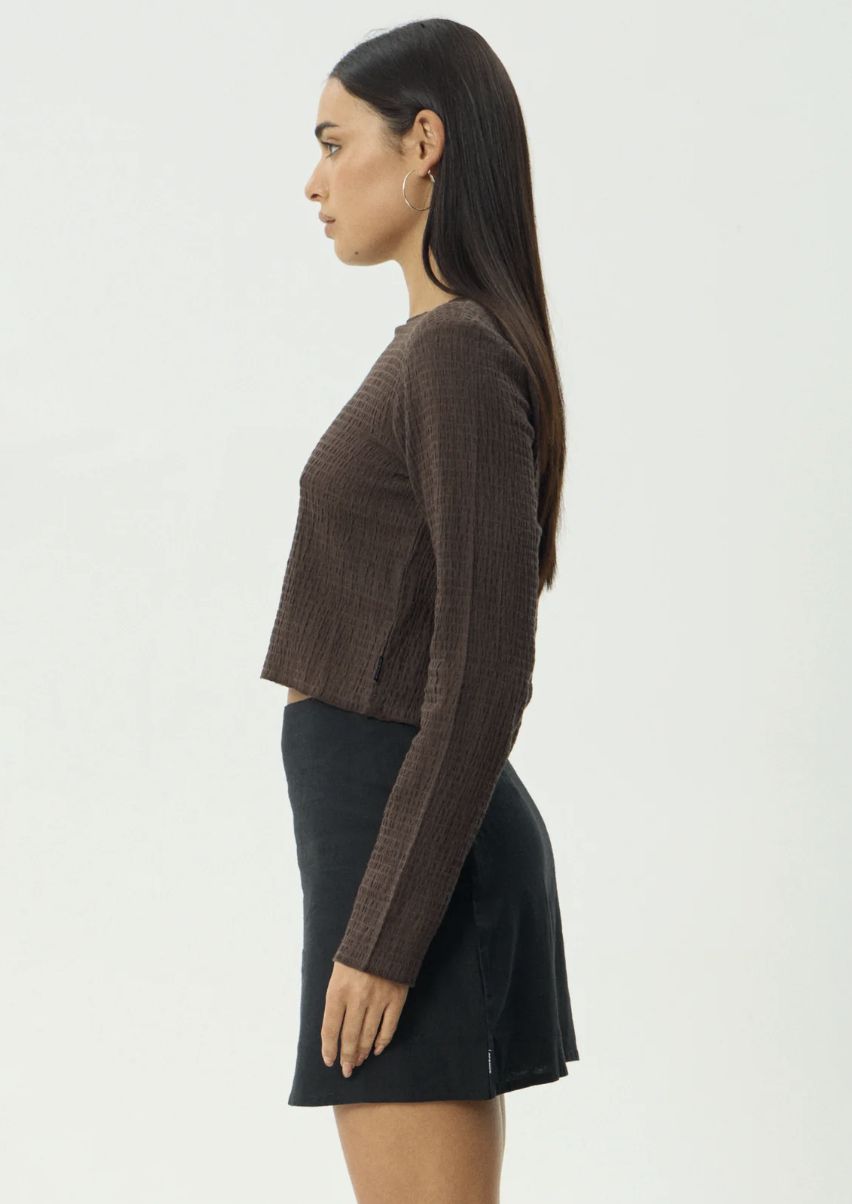 AFENDS WOMENS FOCUS - SEERSUCKER LONG SLEEVE TOP - COFFEE