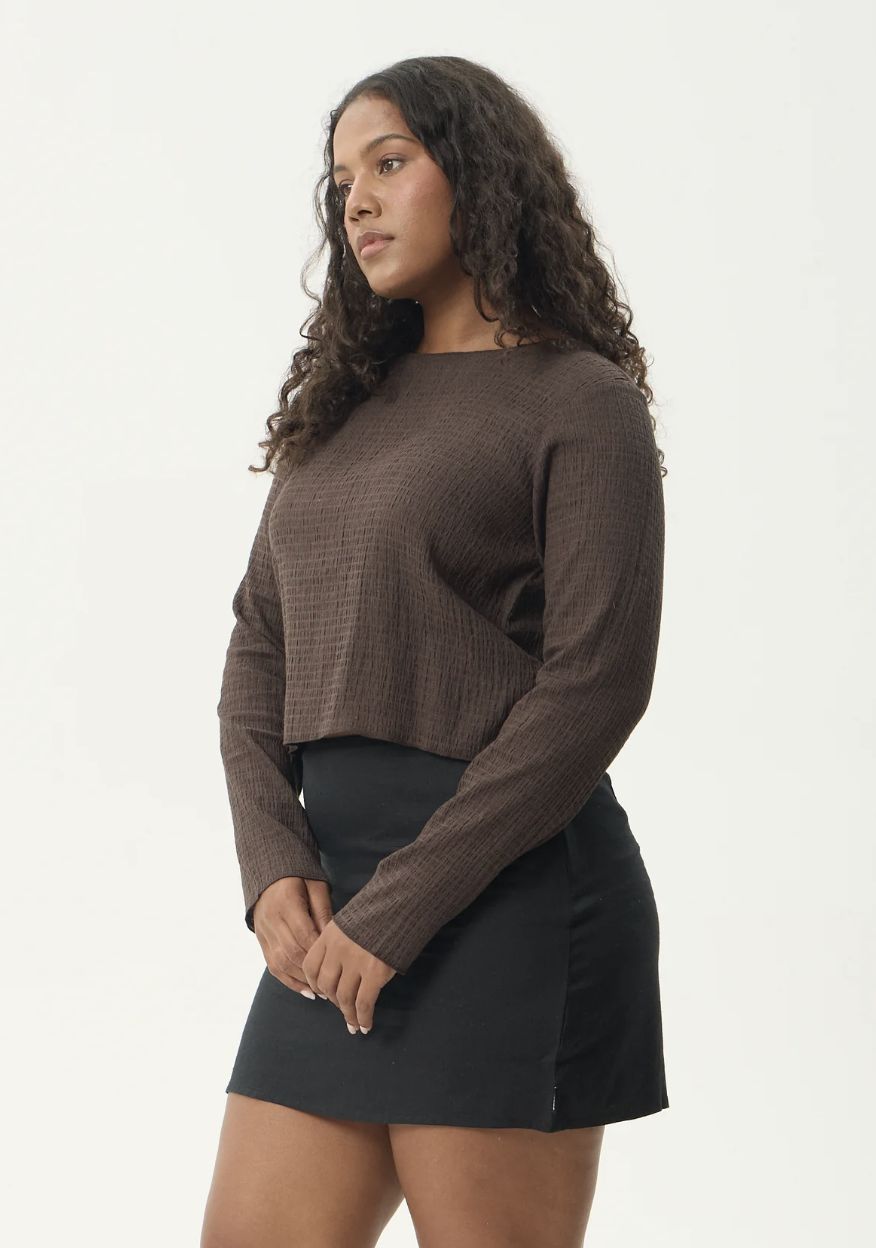 AFENDS WOMENS FOCUS - SEERSUCKER LONG SLEEVE TOP - COFFEE