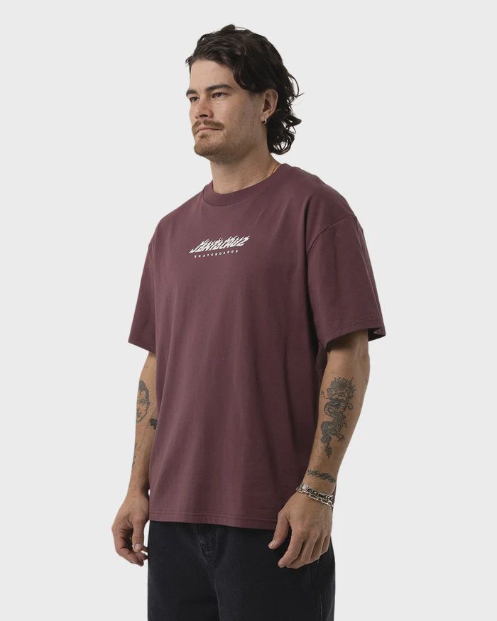 SANTA CRUZ MENS DICE FLAME DOT STRIP FRONT SS TEE - MAROON