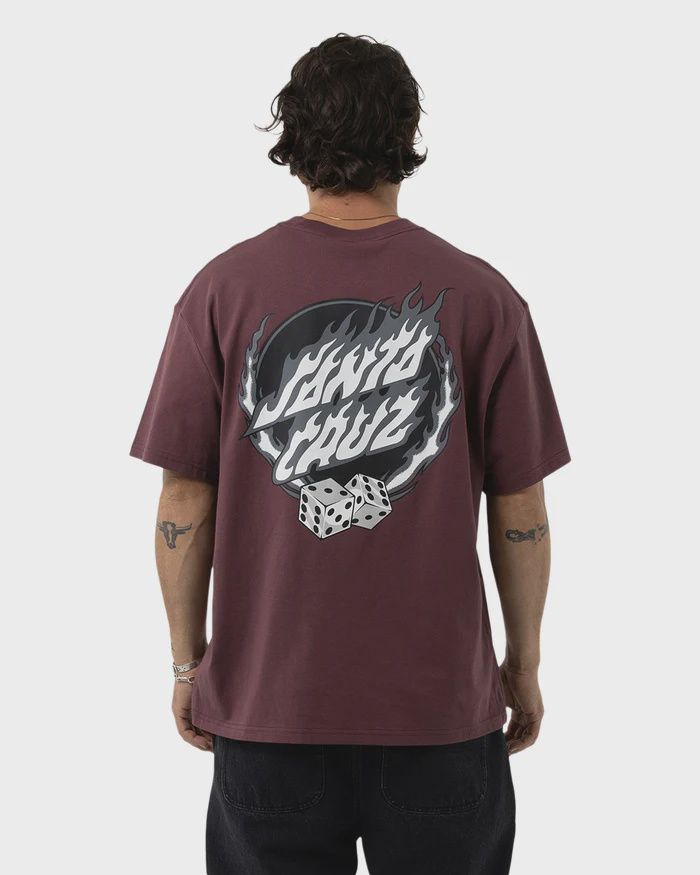 SANTA CRUZ MENS DICE FLAME DOT STRIP FRONT SS TEE - MAROON