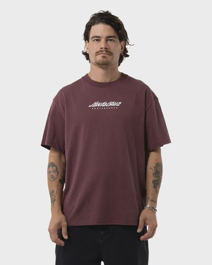 SANTA CRUZ MENS DICE FLAME DOT STRIP FRONT SS TEE - MAROON