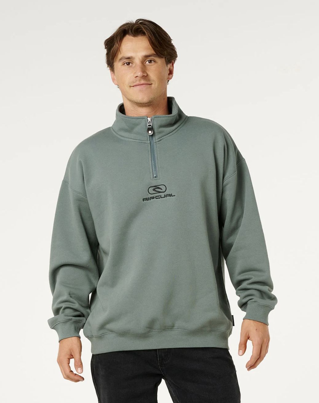 RIPCURL MENS PILL ICON 1/4 ZIP CREW - MOSS