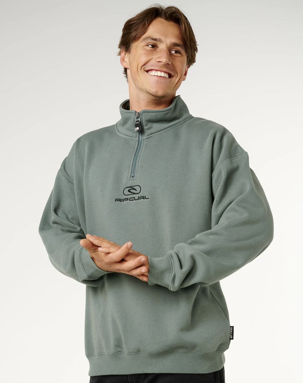 RIPCURL MENS PILL ICON 1/4 ZIP CREW - MOSS