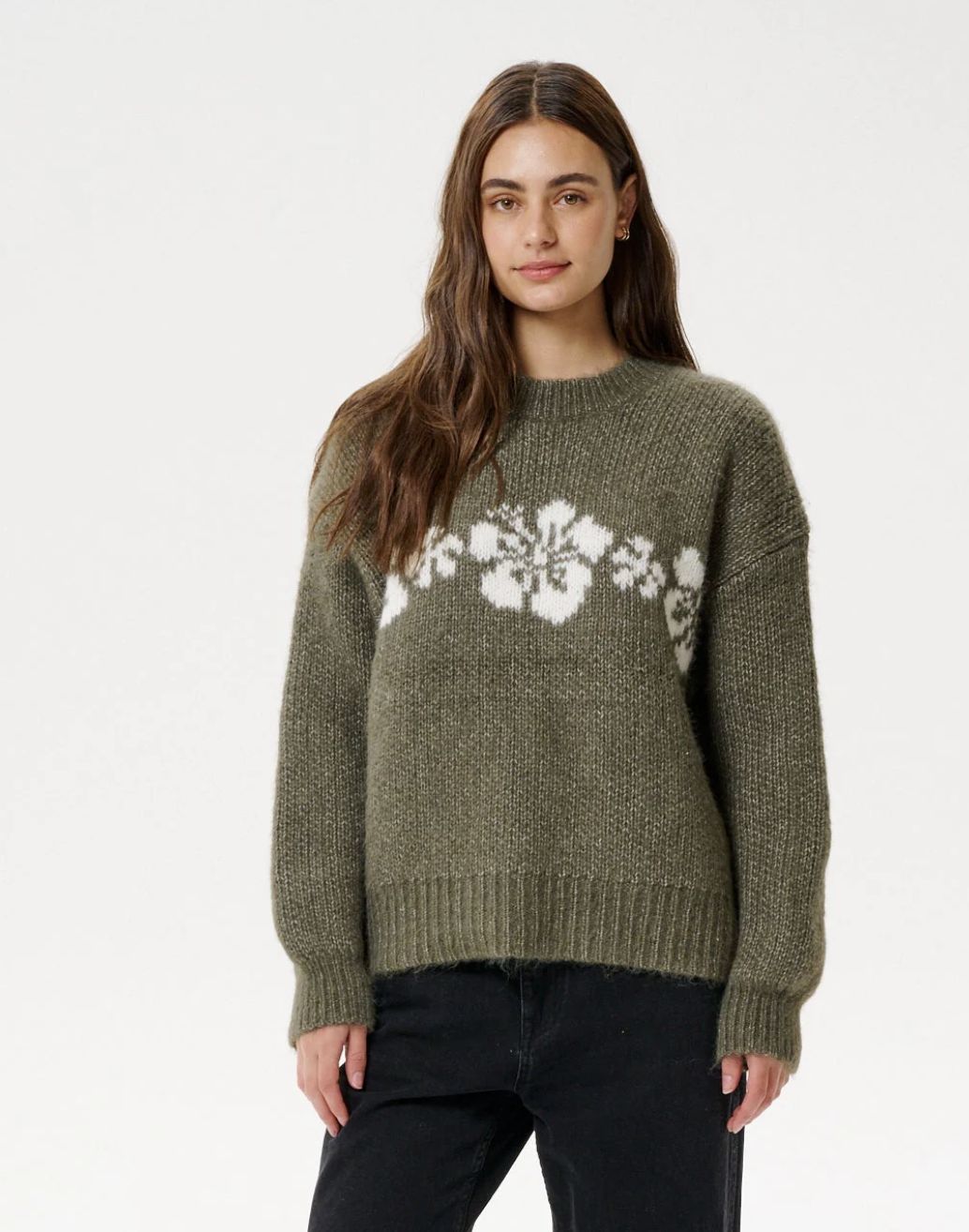 RIPCURL WOMENS CALA NIGHTS HIBISCUS KNIT CREW - MOSS