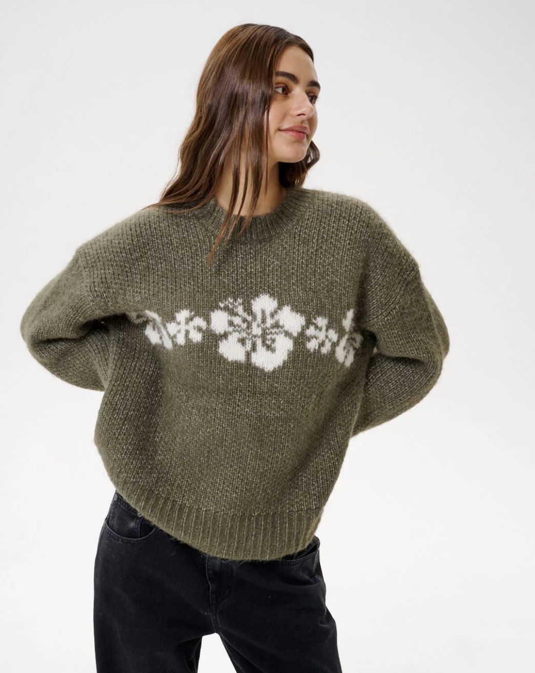 RIPCURL WOMENS CALA NIGHTS HIBISCUS KNIT CREW - MOSS