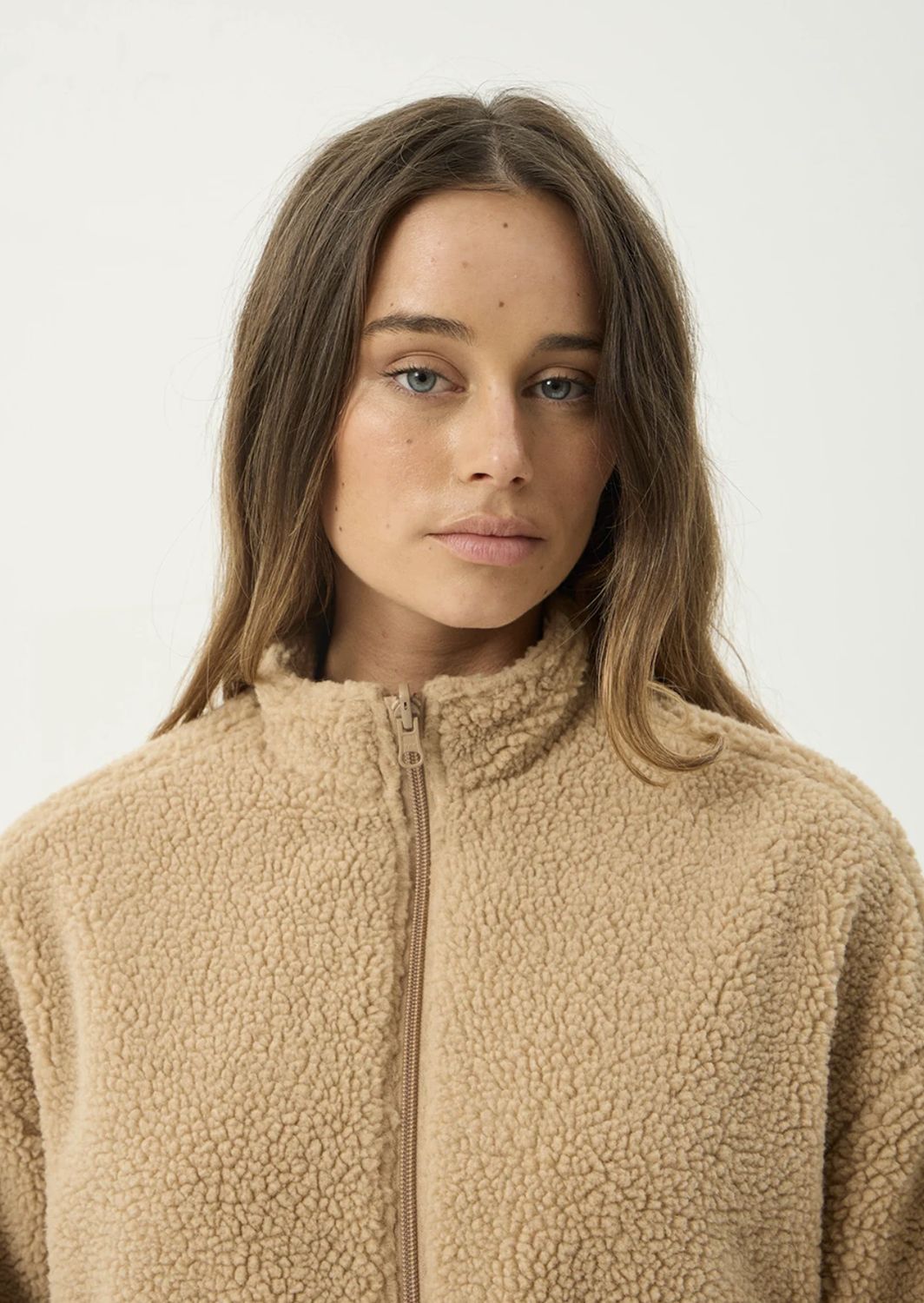 AFENDS WOMENS BERLIN REVERSIBLE POLAR FLEECE JACKET - ALMOND CHECK