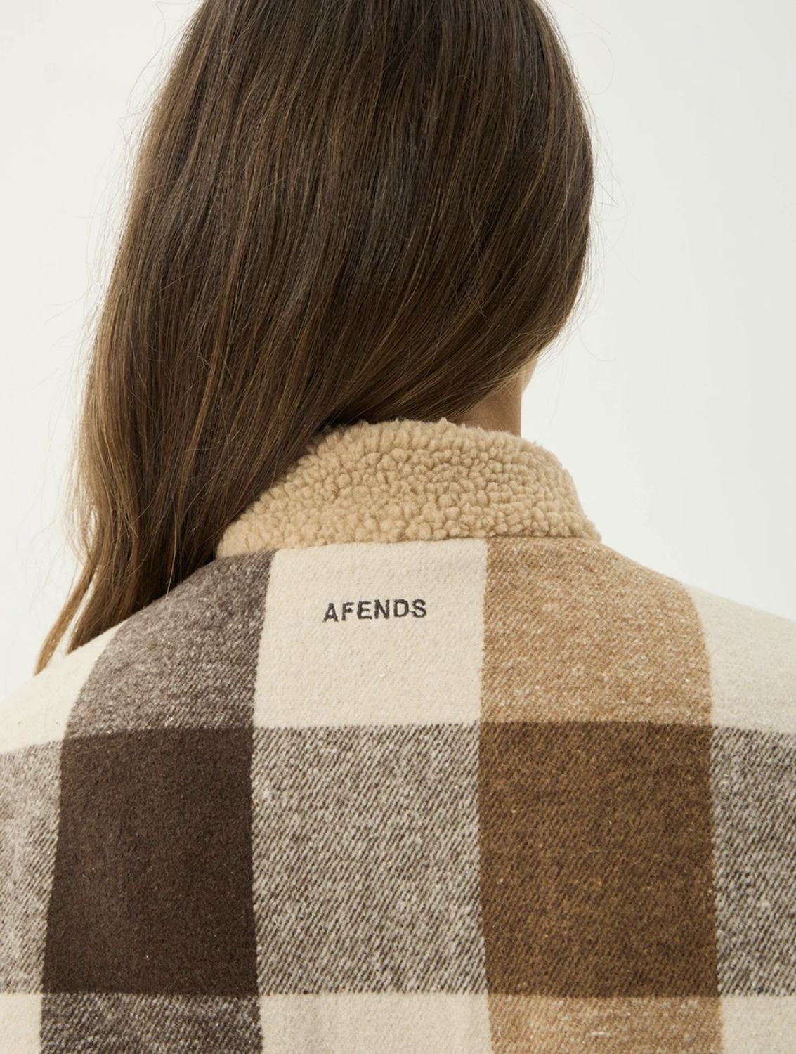 AFENDS WOMENS BERLIN REVERSIBLE POLAR FLEECE JACKET - ALMOND CHECK