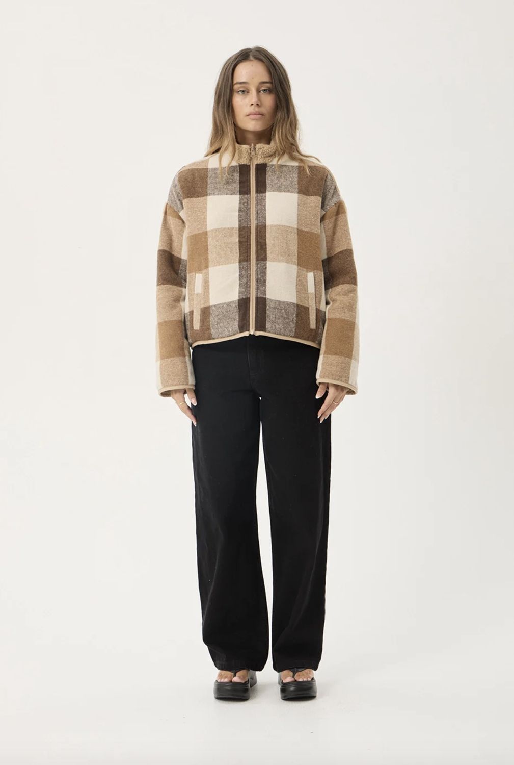 AFENDS WOMENS BERLIN REVERSIBLE POLAR FLEECE JACKET - ALMOND CHECK