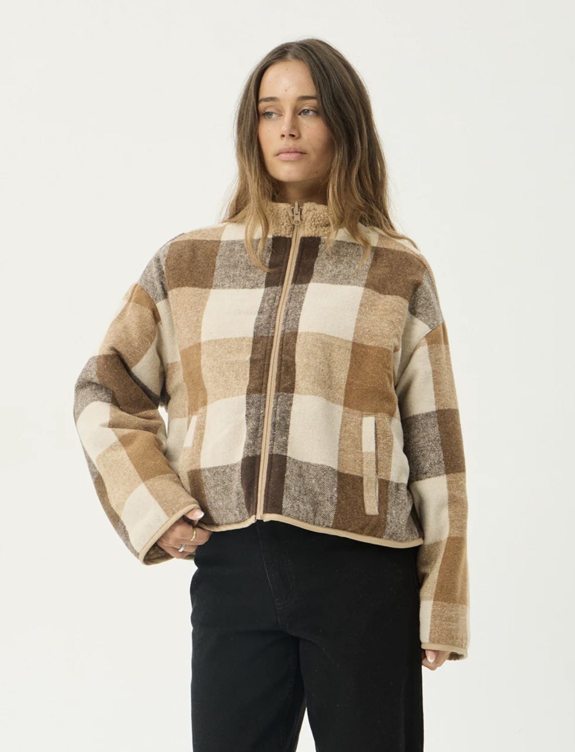 AFENDS WOMENS BERLIN REVERSIBLE POLAR FLEECE JACKET - ALMOND CHECK