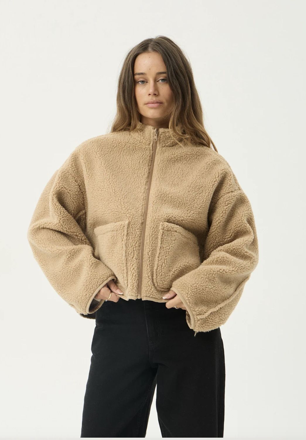 AFENDS WOMENS BERLIN REVERSIBLE POLAR FLEECE JACKET - ALMOND CHECK