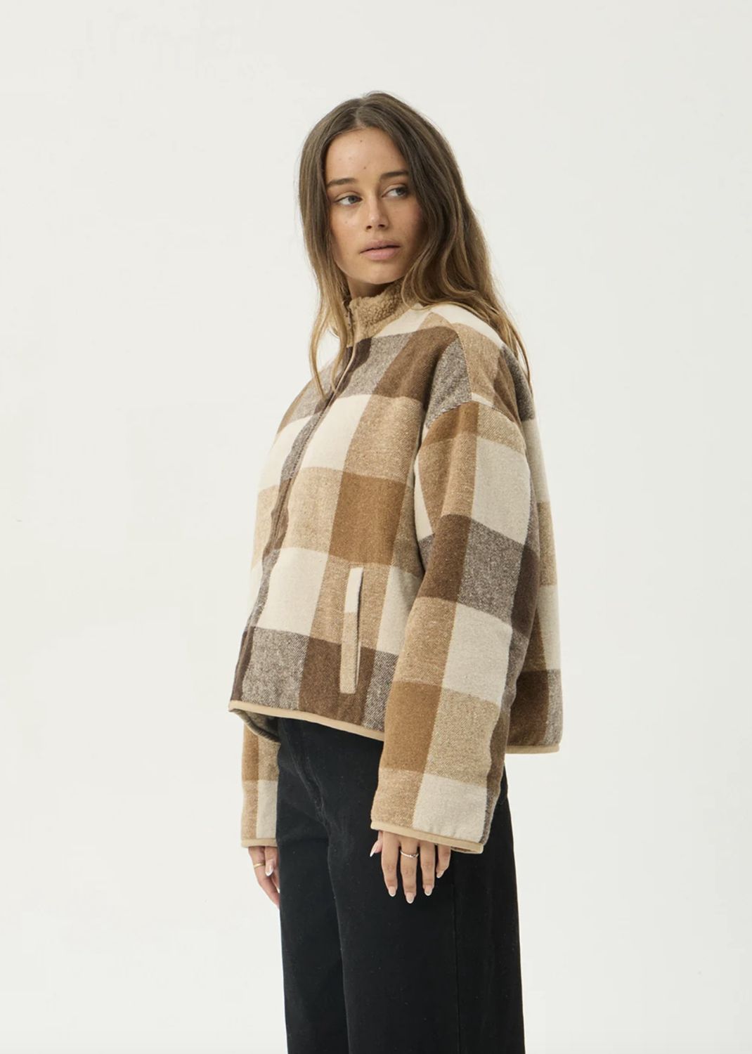 AFENDS WOMENS BERLIN REVERSIBLE POLAR FLEECE JACKET - ALMOND CHECK