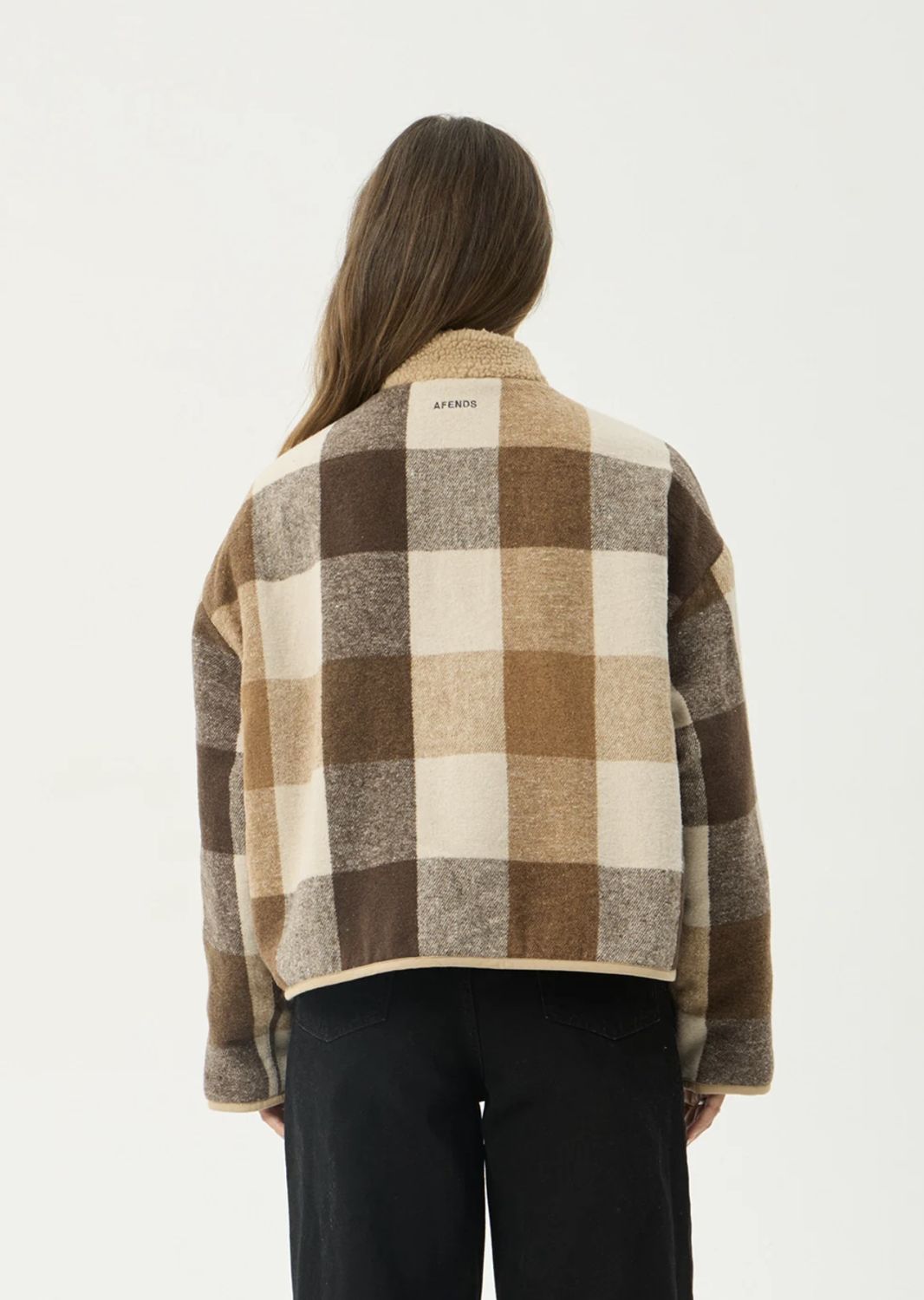 AFENDS WOMENS BERLIN REVERSIBLE POLAR FLEECE JACKET - ALMOND CHECK