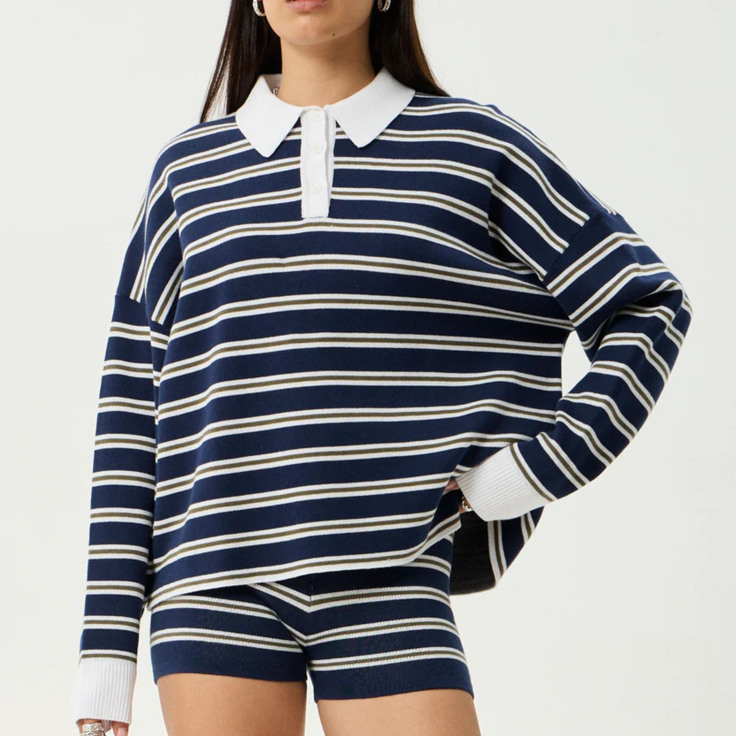 AFENDS WOMENS DELTA  KNIT SHIRT - NAVY STRIPE