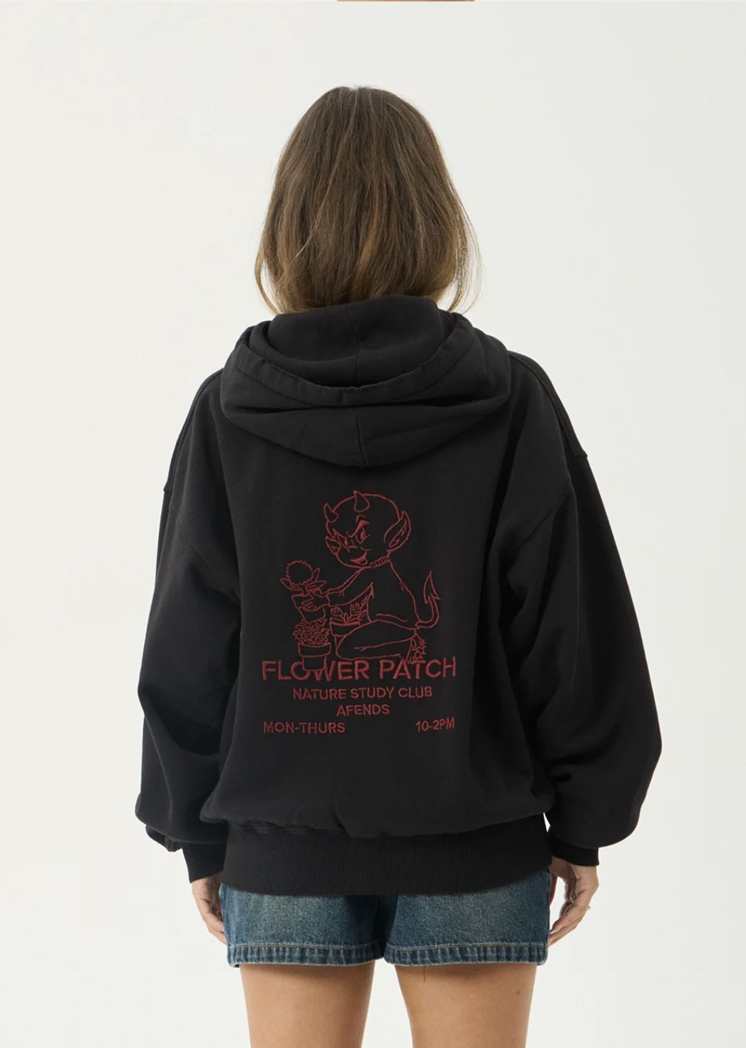 AFENDS MENS FLOWER PATCH BOXY ZIP HOOD - STONE BLACK