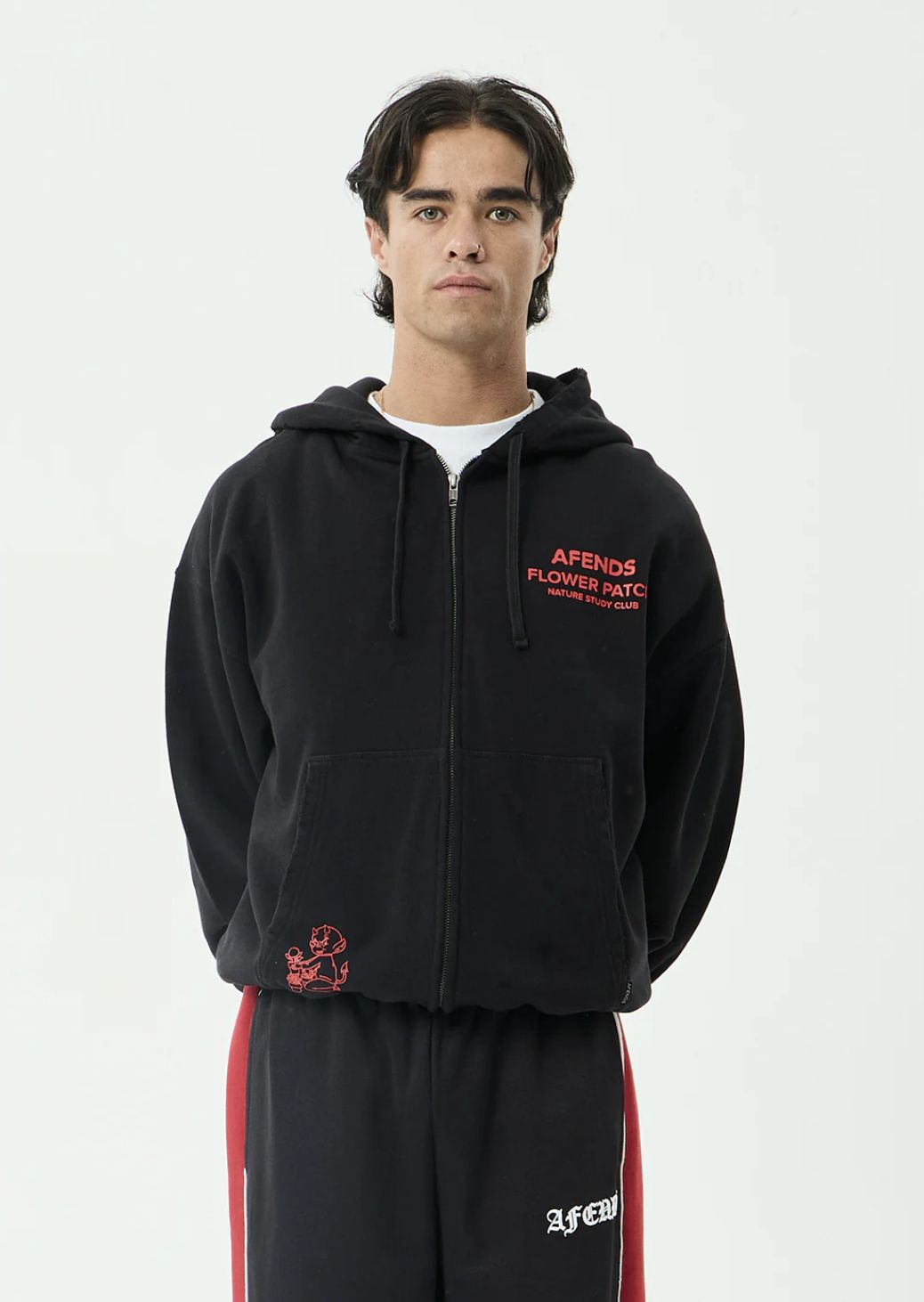 AFENDS MENS FLOWER PATCH BOXY ZIP HOOD - STONE BLACK