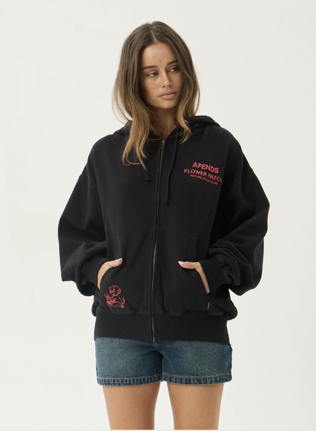 AFENDS MENS FLOWER PATCH BOXY ZIP HOOD - STONE BLACK