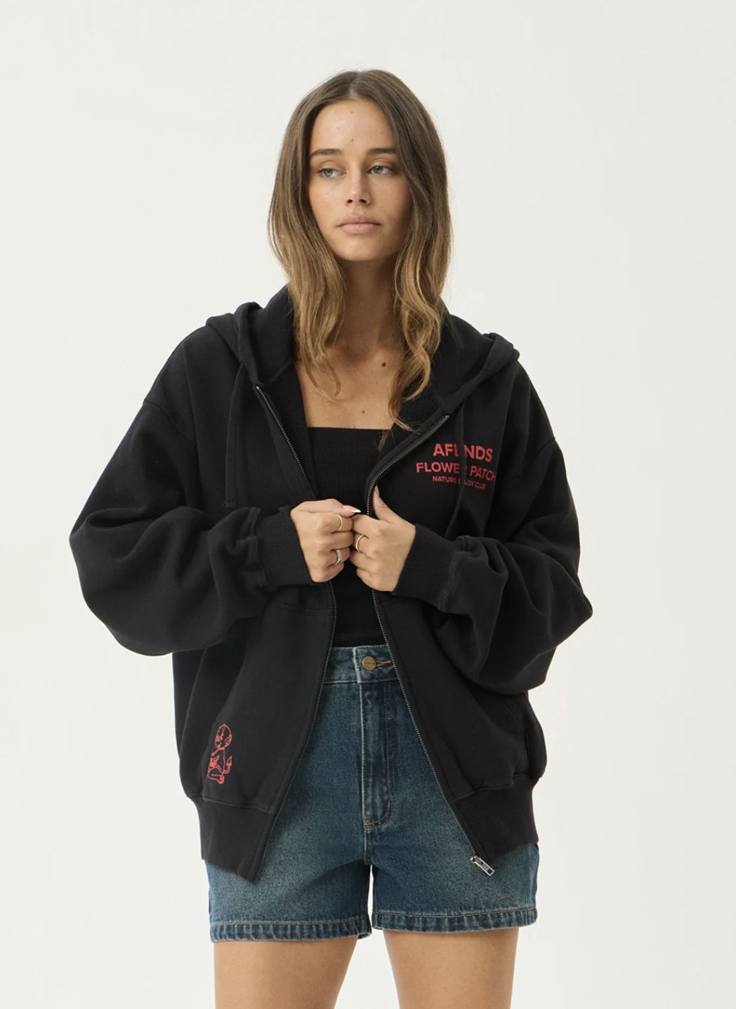 AFENDS MENS FLOWER PATCH BOXY ZIP HOOD - STONE BLACK