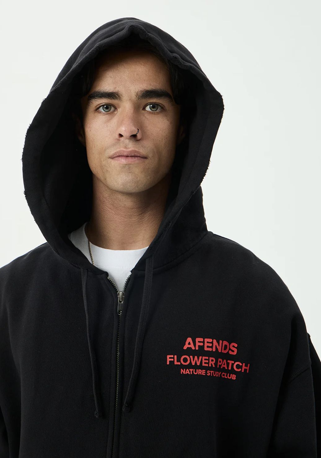AFENDS MENS FLOWER PATCH BOXY ZIP HOOD - STONE BLACK