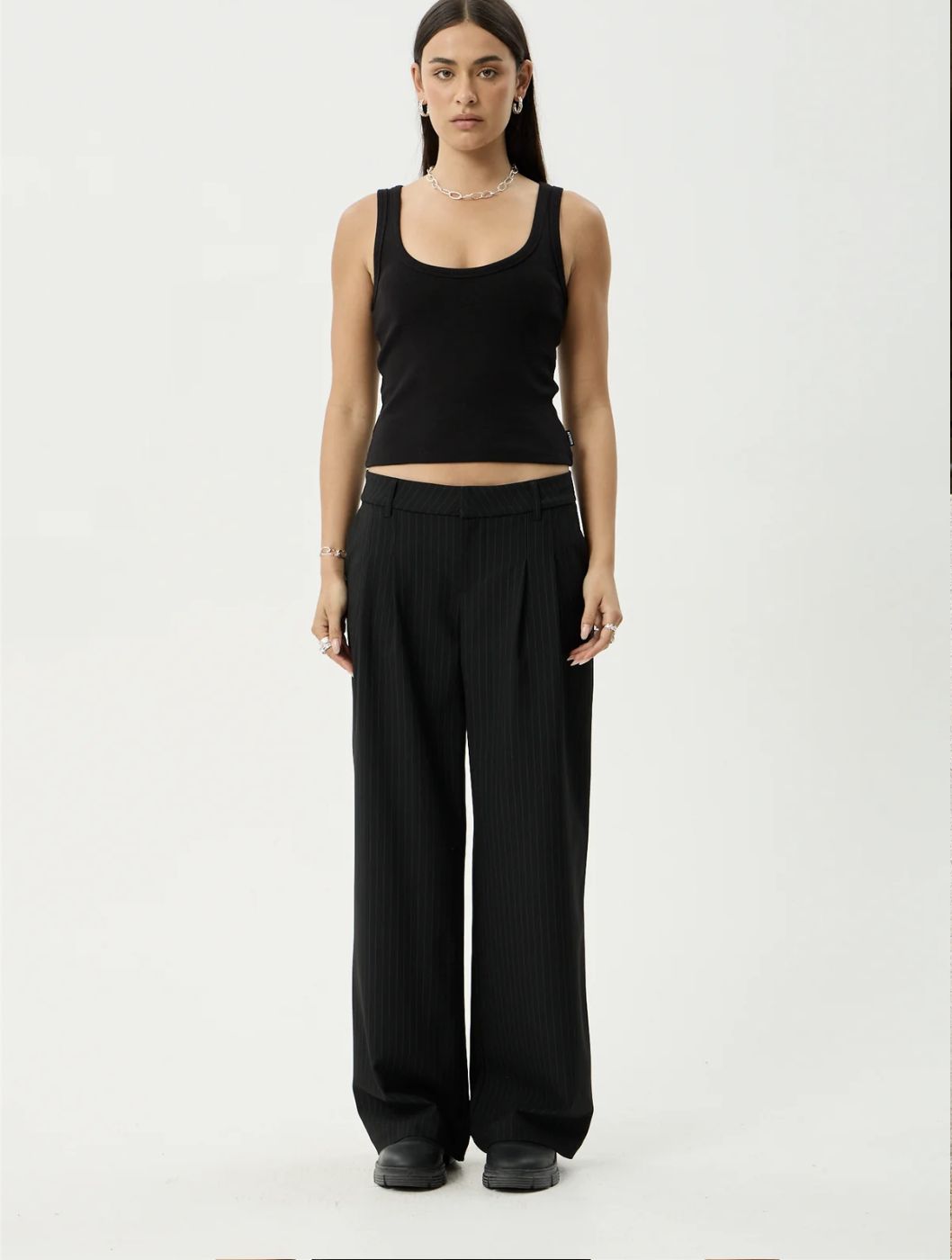 AFENDS WOMENS BUSINESS PINSTRIPE LOW RISE TROUSER - BLACK