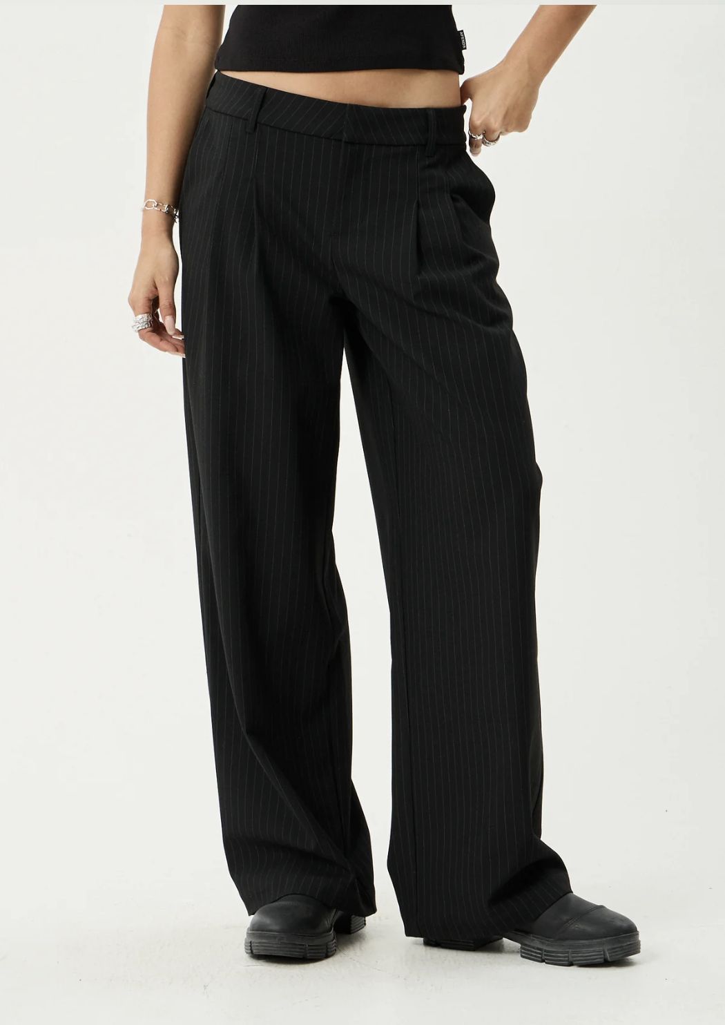 AFENDS WOMENS BUSINESS PINSTRIPE LOW RISE TROUSER - BLACK