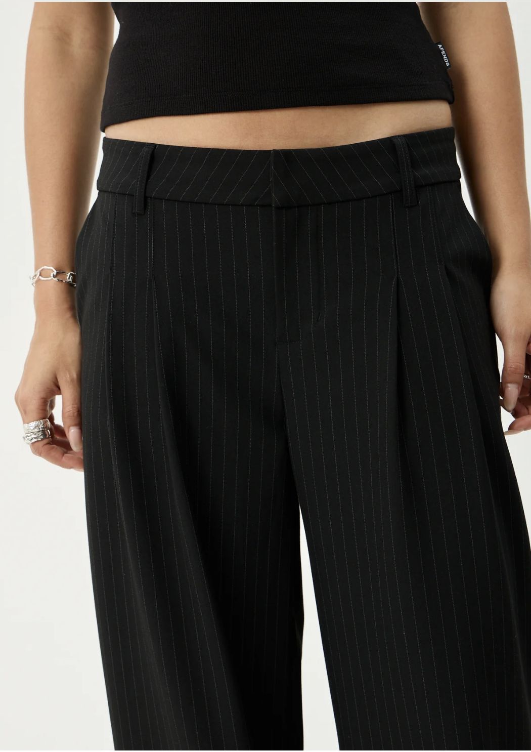 AFENDS WOMENS BUSINESS PINSTRIPE LOW RISE TROUSER - BLACK