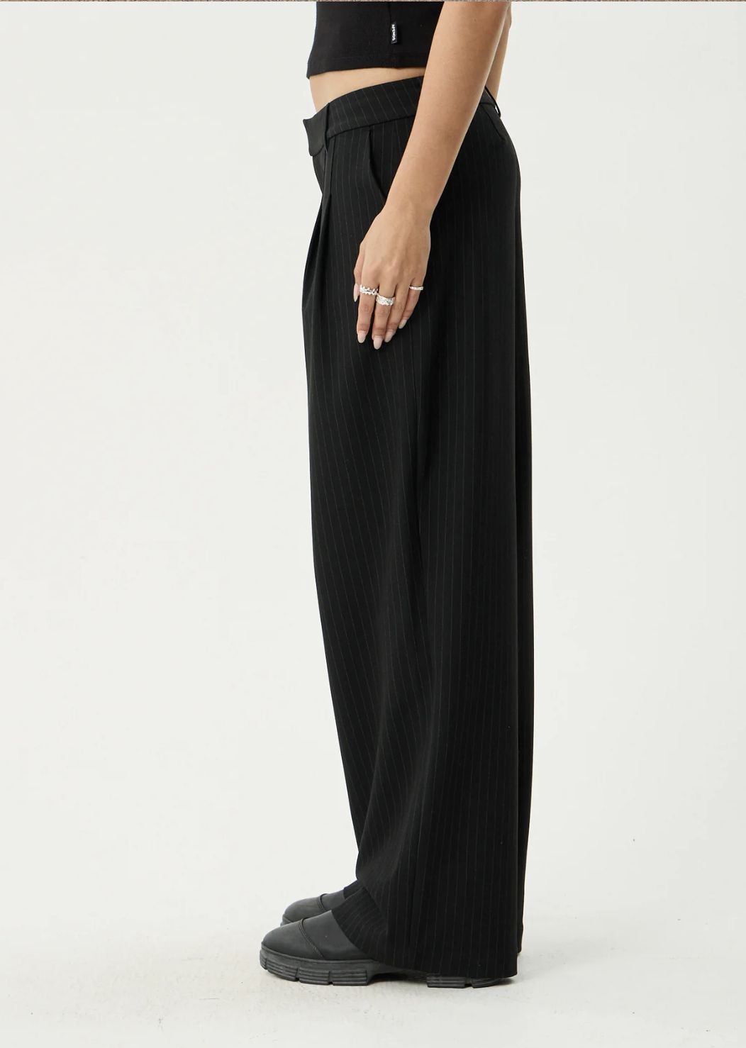 AFENDS WOMENS BUSINESS PINSTRIPE LOW RISE TROUSER - BLACK