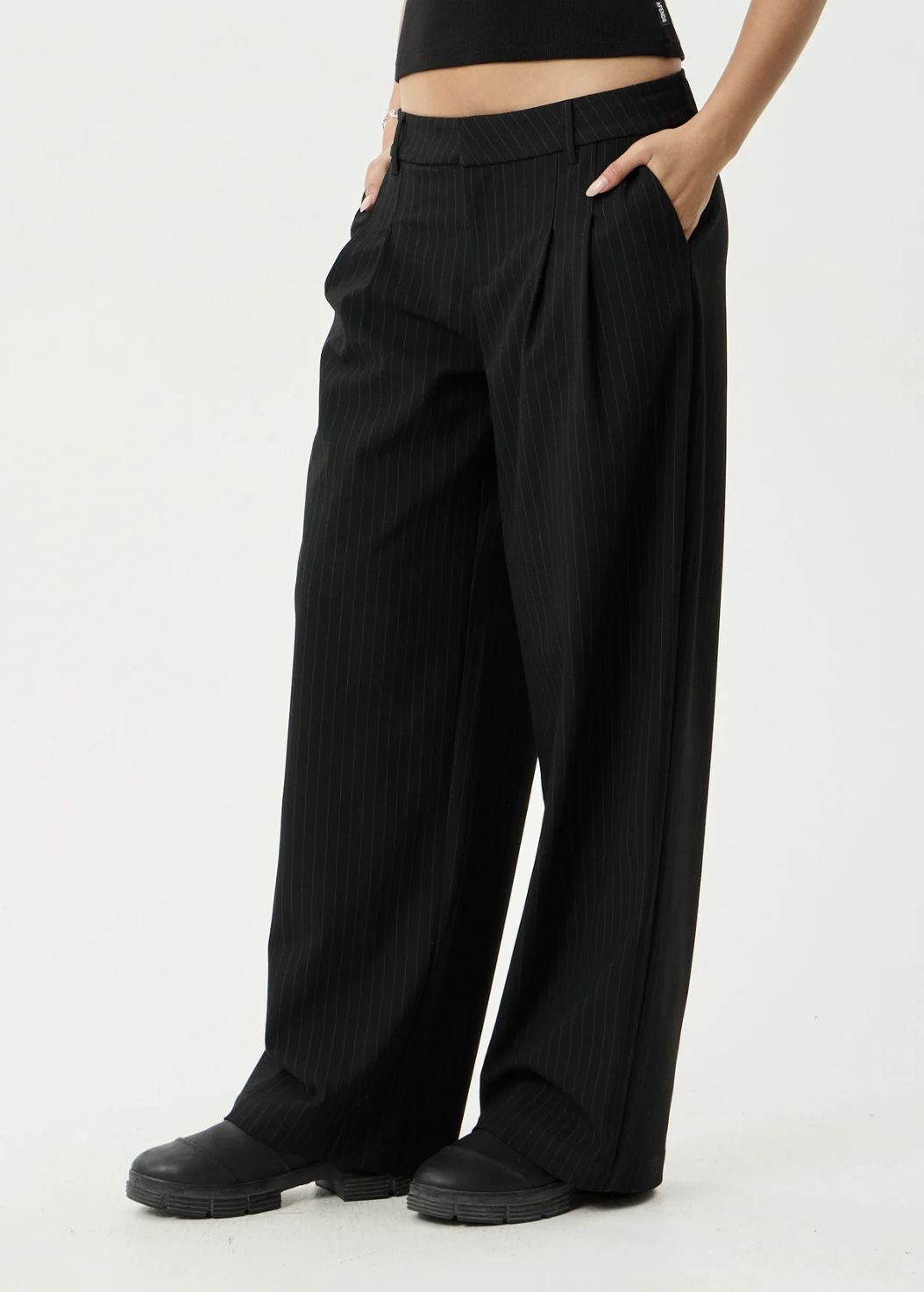 AFENDS WOMENS BUSINESS PINSTRIPE LOW RISE TROUSER - BLACK