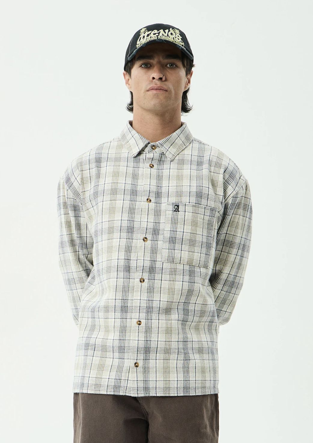 AFENDS MENS SHELTER FLANNEL LONG SLEEVE SHIRT - WHITE CHECK