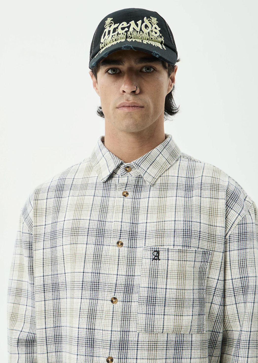 AFENDS MENS SHELTER FLANNEL LONG SLEEVE SHIRT - WHITE CHECK