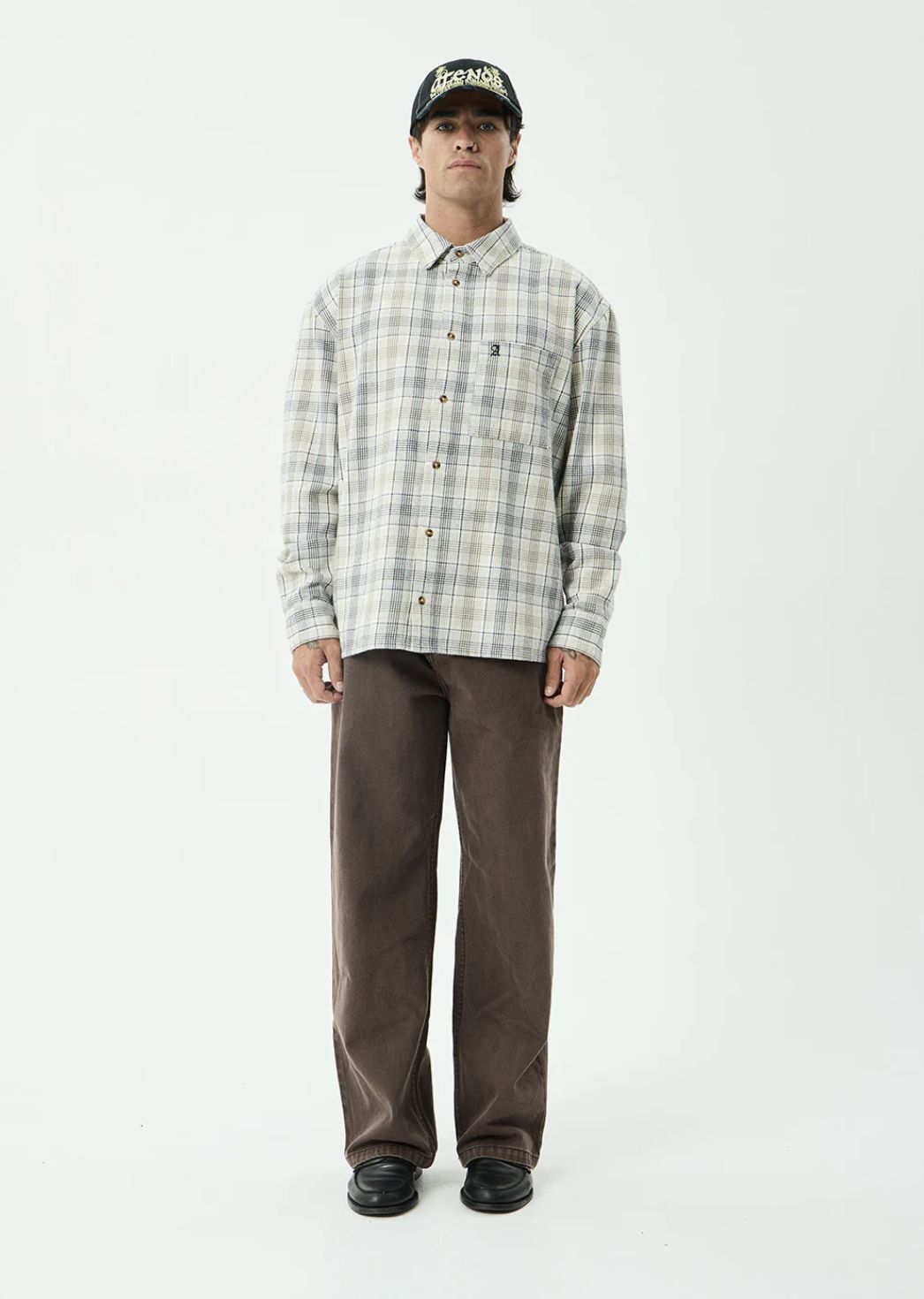 AFENDS MENS SHELTER FLANNEL LONG SLEEVE SHIRT - WHITE CHECK